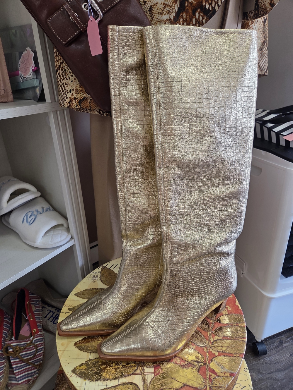 Camila Coelho Metallic Gold Knee-High Heeled Boots - Picture 4 of 6